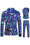Homens Azul Natal Impresso 3-Piece One Button Party Suits