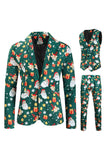 Homens Verde Natal Impresso 3-Piece One Button Party Suits