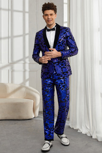 Xale Lapela Um Botão Royal Blue Sequins Masculino 2 Peças Ternos