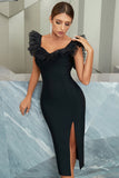 Vestido de festa preta de chá de sheath v pescoço comprimento