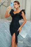 Vestido de festa preta de chá de sheath v pescoço comprimento