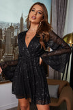 Vestido de cocktail de mangas compridas pretas de lantejoulas pretas