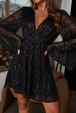 Vestido de cocktail de mangas compridas pretas de lantejoulas pretas