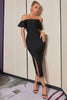 Carregar imagem no visualizador da galeria, Vestido de festa preta de ombro fora com fenda