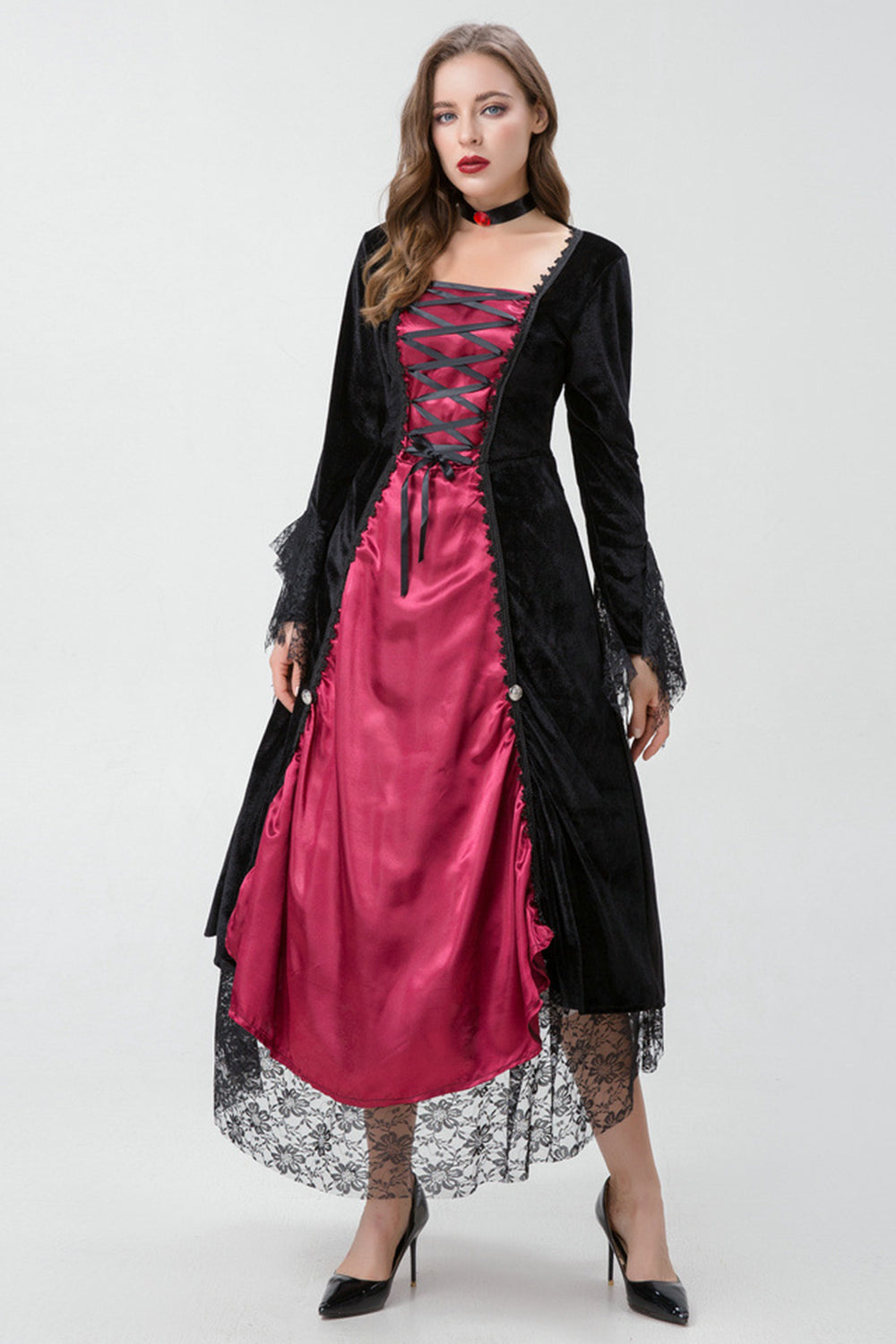 Vestido gótico de Halloween da Borgonha com renda cruzada de Criss