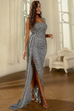 Vestido de noite lantejoulas um ombro cinza