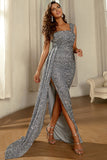 Vestido de noite lantejoulas um ombro cinza