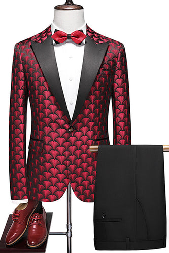 Borgonha Jacquard Lapela Dentada 2 Peça Terno Masculino