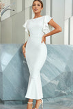 Vestido de cocktail branca sereia com folhos