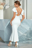 Vestido de cocktail branca sereia com folhos