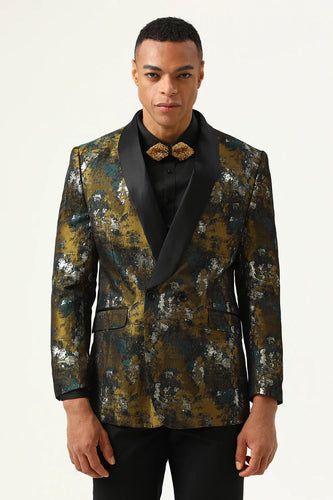 Amarelo Jacquard Duplo Peito Lapela Shawl Blazer Masculino