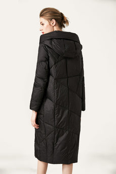 Botão preto acolchoado casaco comprido com capuz