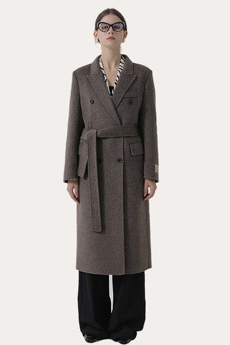 Cinzento Escuro Peito Duplo Pico Lapela Long Slim Fit Wool Coat