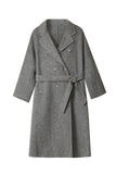 Cinzento de peito duplo longo lã mistura casaco com cinto