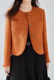 Laranja Tweed Xaile Lapela Botão Cropped Mulheres Casaco
