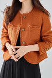 Laranja Tweed Xaile Lapela Botão Cropped Mulheres Casaco