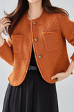 Laranja Tweed Xaile Lapela Botão Cropped Mulheres Casaco
