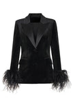 Black Velvet Peak Lapela Mulheres Casaco com Penas