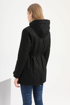 Espessado preto zip up capuzado casaco médio