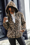 Leopardo Cinzento Fleece Capuzado Zip Up Casaco