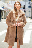 Camel Fleece Botão Down Midi Coat