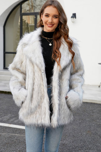 White Open Front Notched Lapela Faux Fur Women Coat