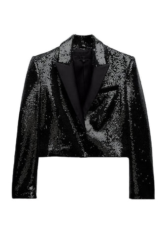 Sparkly Black Sequins Cropped Blazer Feminino