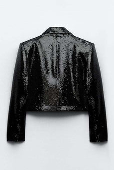 Sparkly Black Sequins Cropped Blazer Feminino