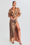 Sparkly Gold Sequins Lapela Neck Blazer Vestido com Fenda