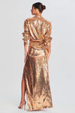 Sparkly Gold Sequins Lapela Neck Blazer Vestido com Fenda
