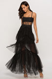 Preto Assimétrico Tule Vestido de Festa
