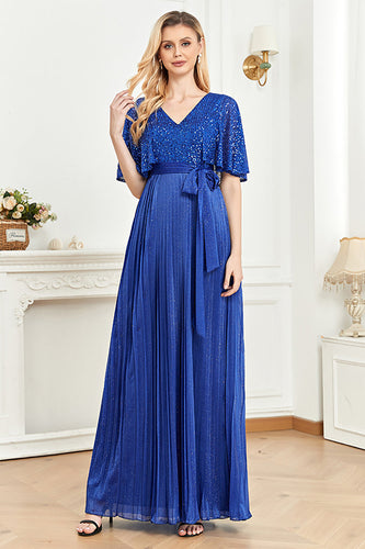 V-Neck Sequins Azul Real Mãe do Vestido da Noiva