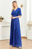 V-Neck Sequins Azul Real Mãe do Vestido da Noiva