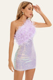 Bodycon roxo um-ombro lantejoulas patchwork homecoming vestido com pena
