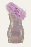 Bodycon roxo um-ombro lantejoulas patchwork homecoming vestido com pena
