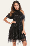 Preto A-Line Stand-Up Collar Ombro Frio Tassel Lantejoulas Halloween Vestido de Festa