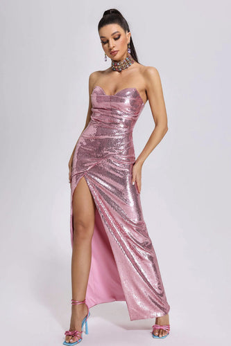 Strapless Pink Sequins vestido de festa com pregas