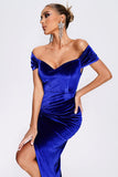 Fora do ombro Royal Blue Velvet Holiday Party Dress com fenda