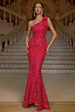 Hot Pink Brilhante Sereia Um Ombro Prom Dress