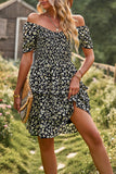 Fora do Ombro Preto Floral Vestido de Verão