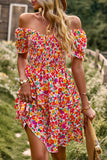 Fora do Ombro Preto Floral Vestido de Verão