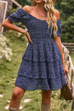 Fora do Ombro Preto Floral Vestido de Verão
