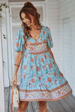 Azul Vestido de Verão Boho Gola em V