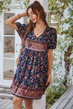 Azul Vestido de Verão Boho Gola em V