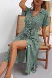 Verde Gola em V Mangas Curtas Vestido de Verão