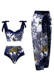 Cintura Alta Azul Escuro 3 Peças Fato de Banho Com Vestido de Praia