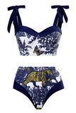Cintura Alta Azul Escuro 3 Peças Fato de Banho Com Vestido de Praia