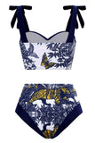 Cintura Alta Azul Escuro 3 Peças Fato de Banho Com Vestido de Praia