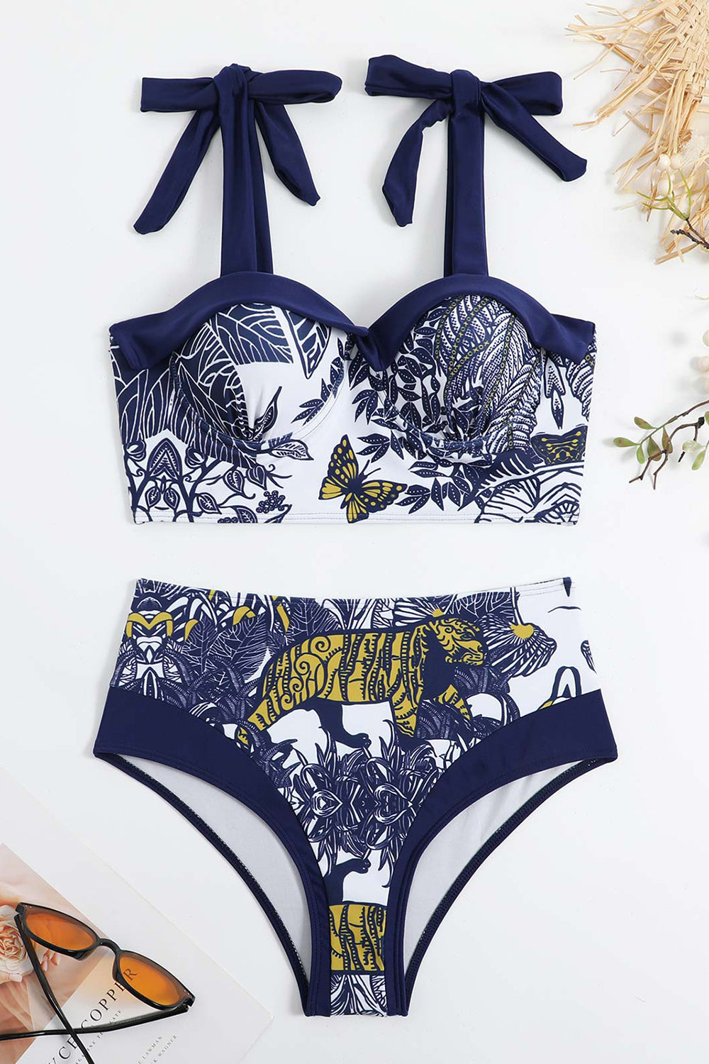 Cintura Alta Azul Escuro 3 Peças Fato de Banho Com Vestido de Praia