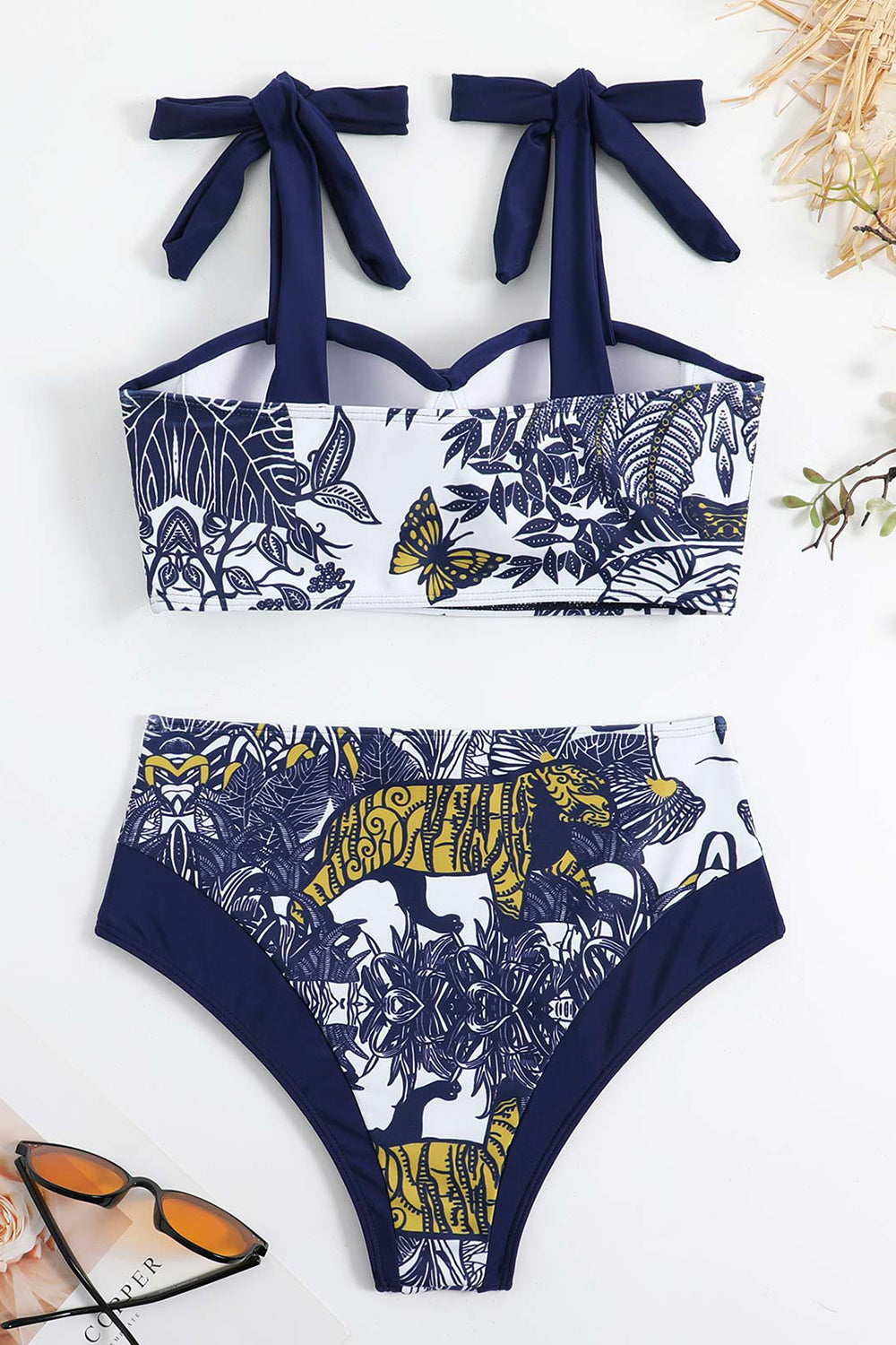 Cintura Alta Azul Escuro 3 Peças Fato de Banho Com Vestido de Praia